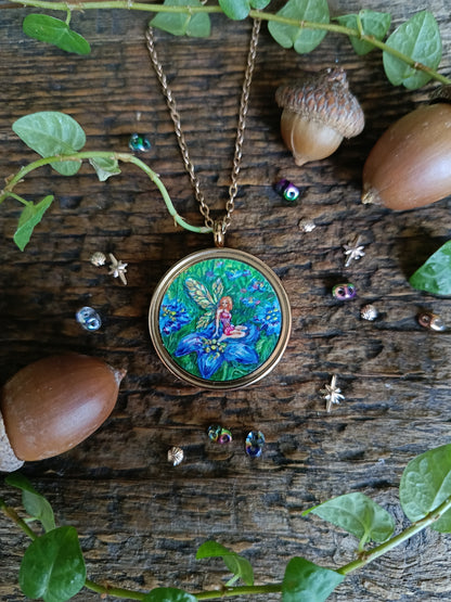 Fairy Flora and her fairy house. Mini magic painted necklace.