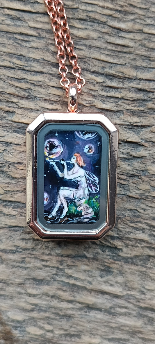 Little Fairy, Mermaid and magic bubbles. Hand painted pendant.