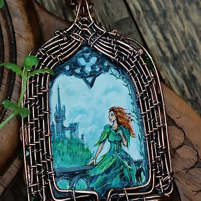 The ballad of white unicorn and princess. Wire wrapped necklace with miniature paintings.