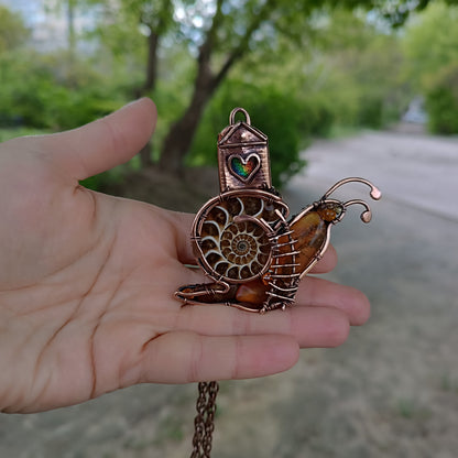 Snail and a fairy house necklace