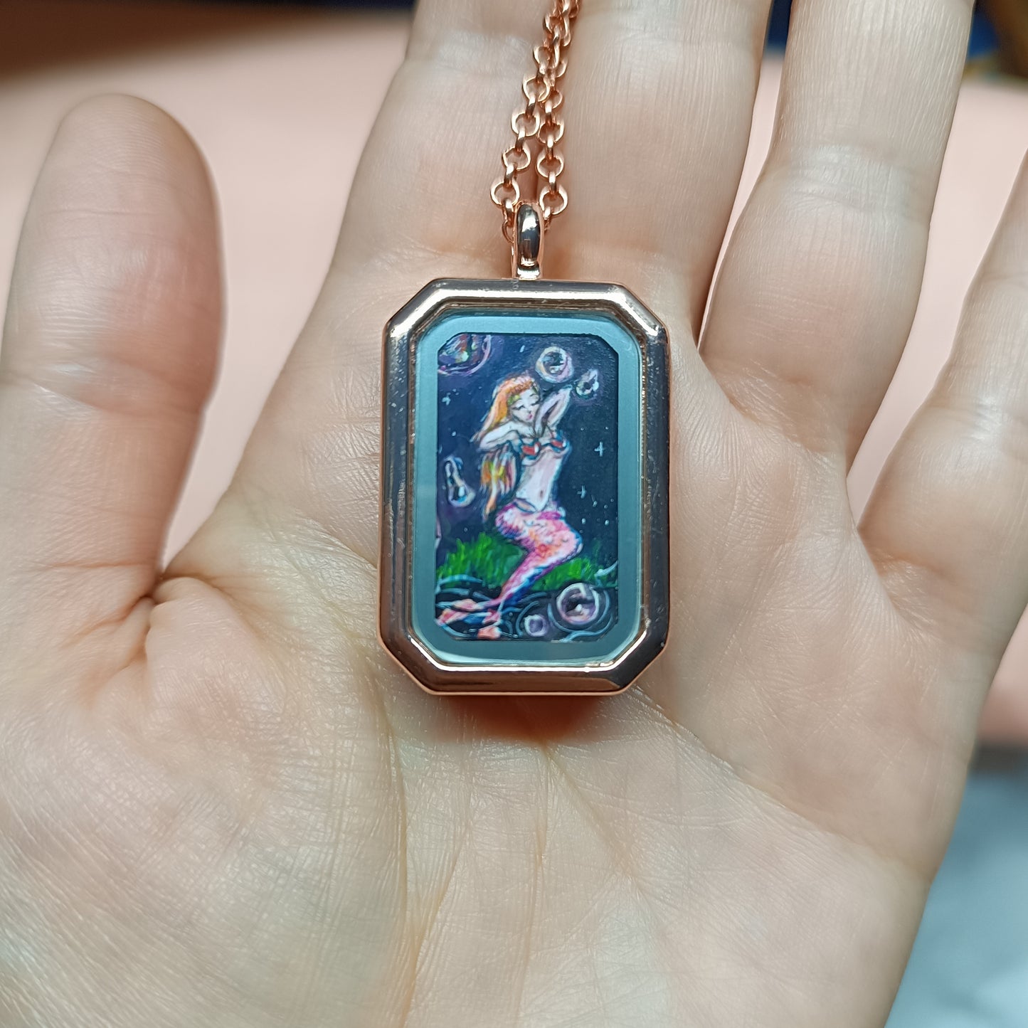 Little Fairy, Mermaid and magic bubbles. Hand painted pendant.