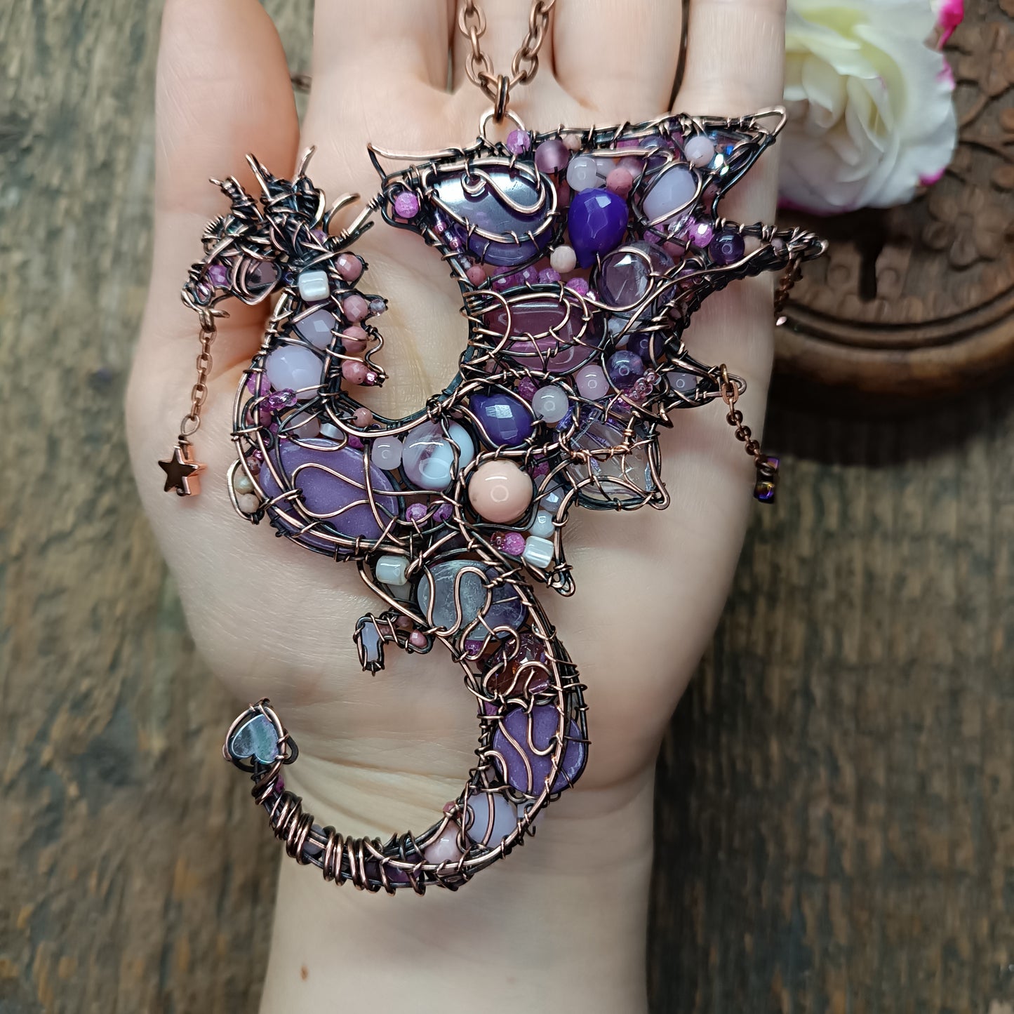 Pink and lavender Stars Catcher. Wire wrapped dragon necklace.