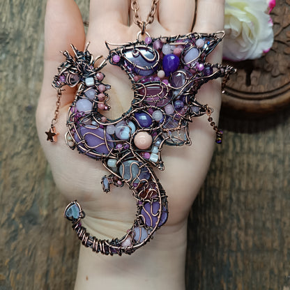 Pink and lavender Stars Catcher. Wire wrapped dragon necklace.