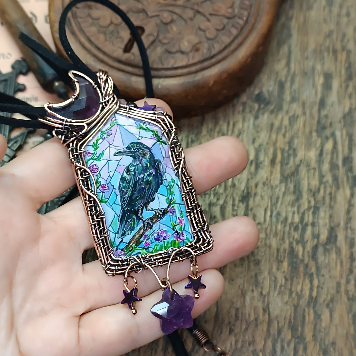 Medieval window necklace. Raven and Bat.
