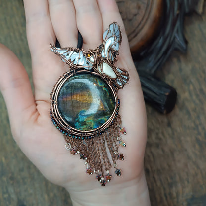 Owl over the sunset moon necklace