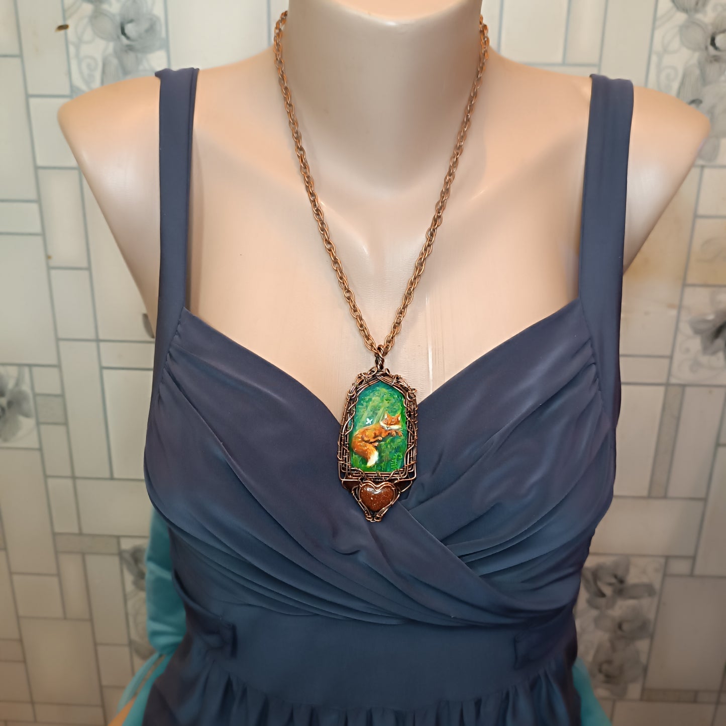 Forest light guardians.🦊🦊 Wire wrapped necklace with miniature paintings.