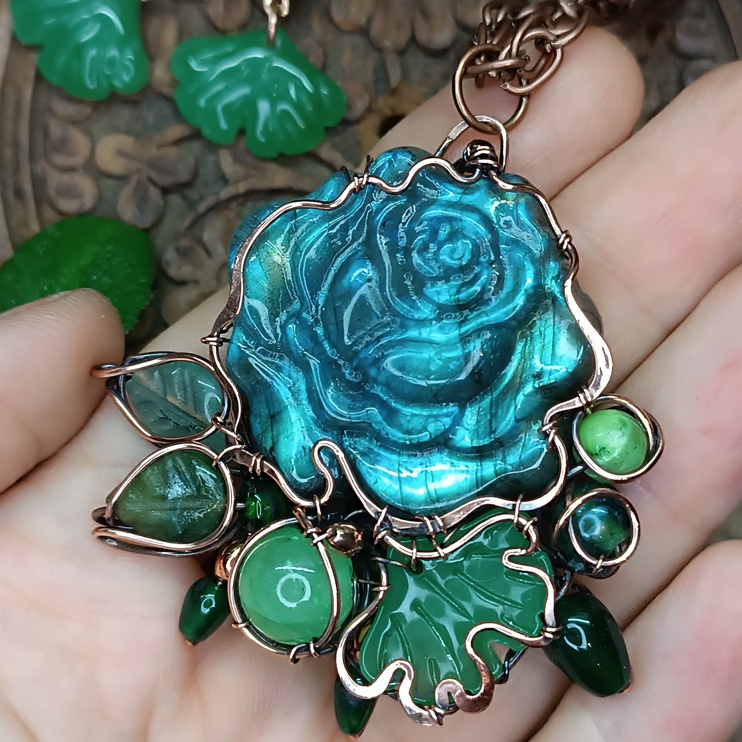 Ginkgo and rose necklace and earrings
