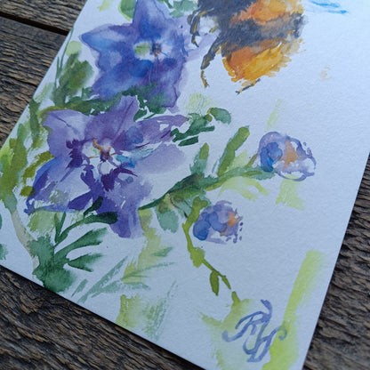 Buzy bee on bellflowers. Original watercolor on paper. Unframed.