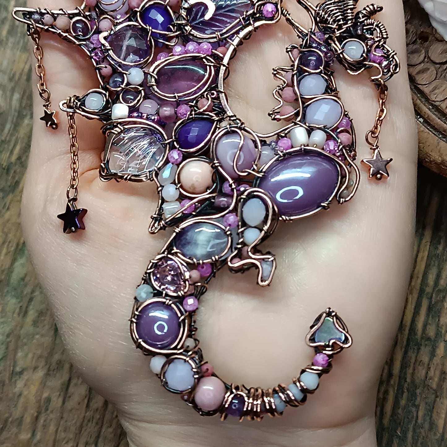 Pink and lavender Stars Catcher. Wire wrapped dragon necklace.