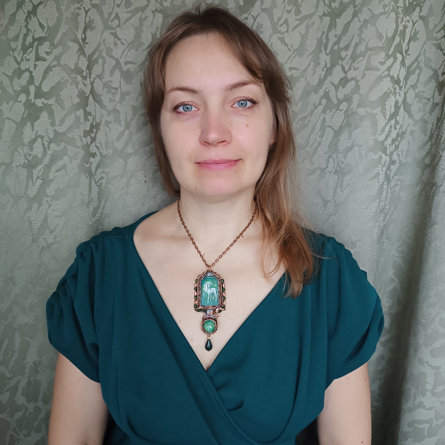 The ballad of white unicorn and princess. Wire wrapped necklace with miniature paintings.