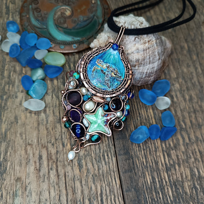 "Ocean" Copper necklace with mini paintings.