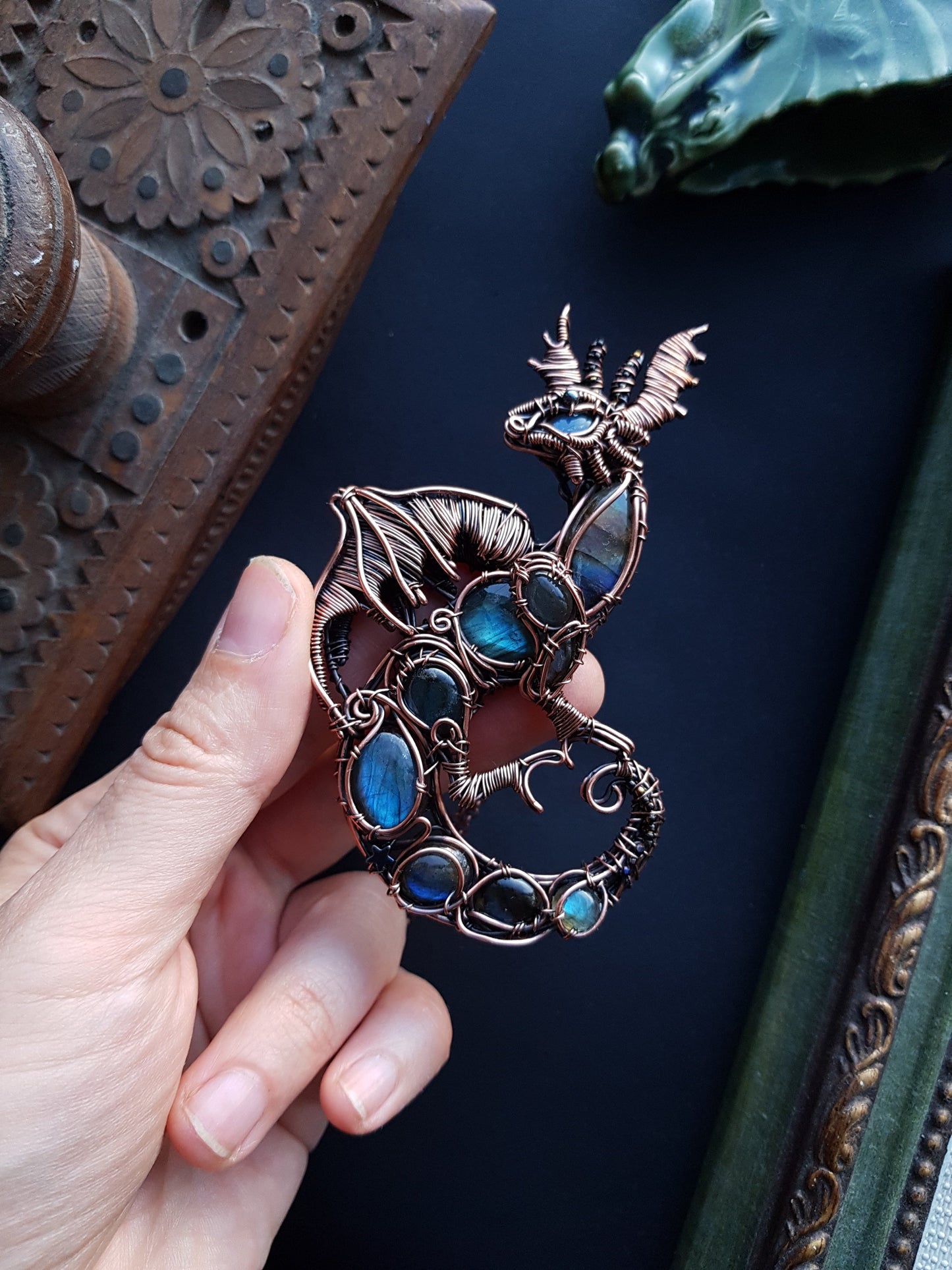 Final payment. FOR JAN Great water dragon. Wire wrapped copper necklace with labradorites.