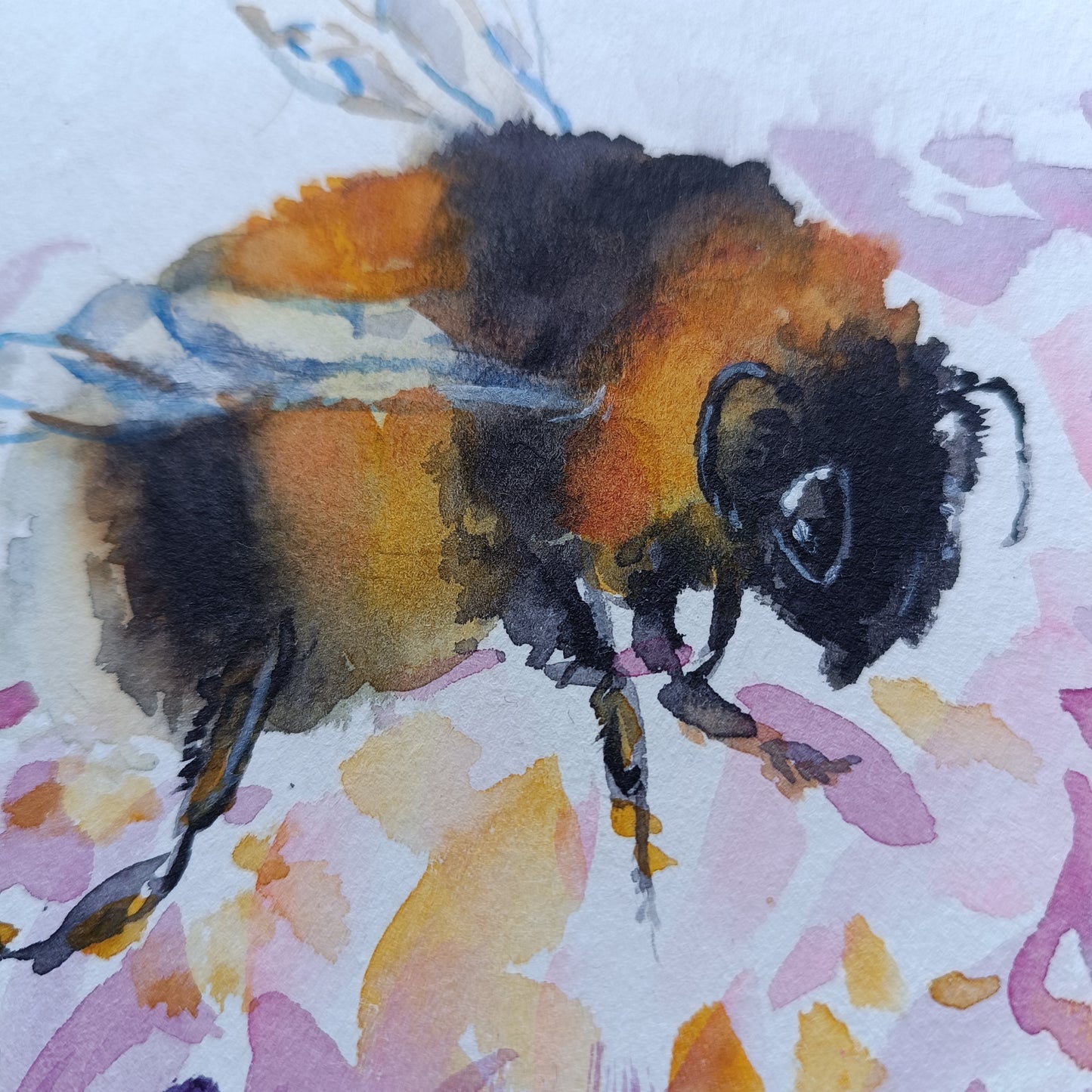 Bumblebee on a blooming flower. Original watercolour on paper. Unframed.