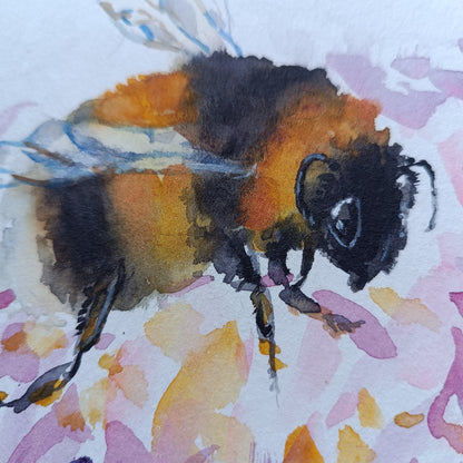 Bumblebee on a blooming flower. Original watercolour on paper. Unframed.