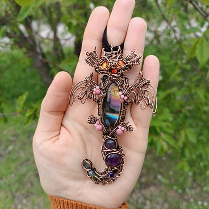 Little drago with rainbow tummy. Necklace.