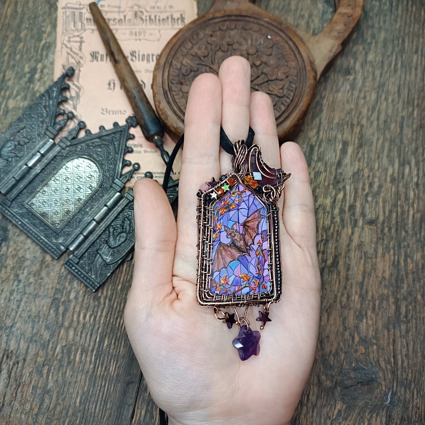 Medieval window necklace. Raven and Bat.