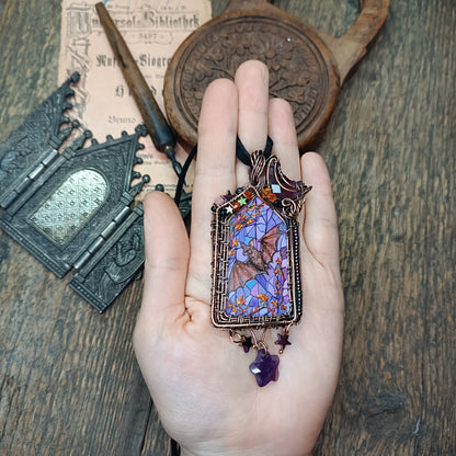 Medieval window necklace. Raven and Bat.