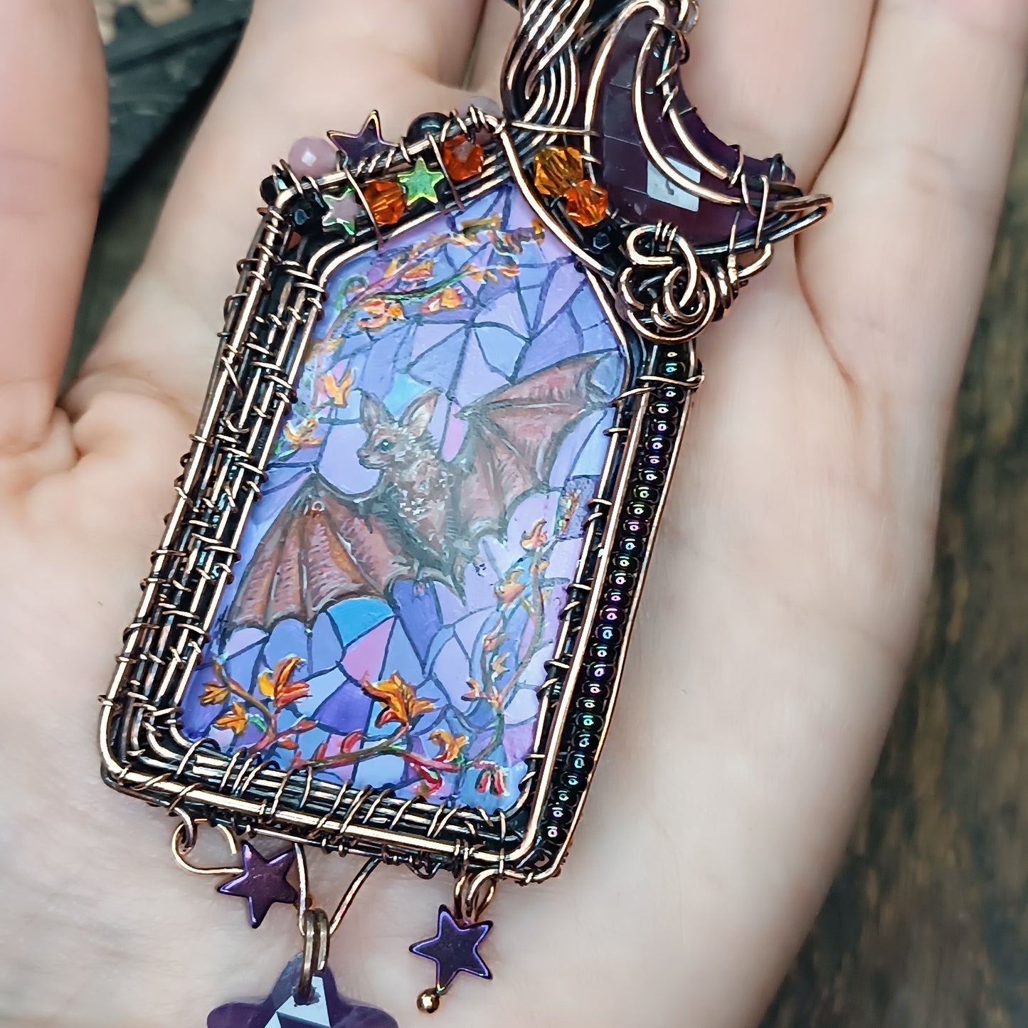 Medieval window necklace. Raven and Bat.