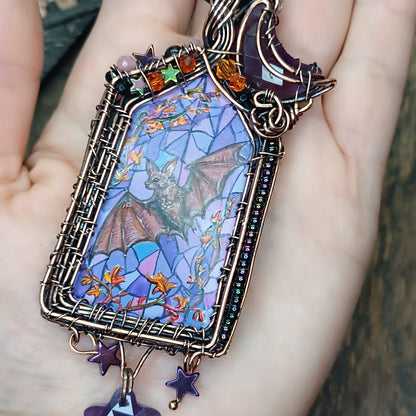 Medieval window necklace. Raven and Bat.