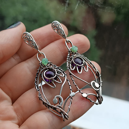 Silver dangling earrings. Amethyst bells.