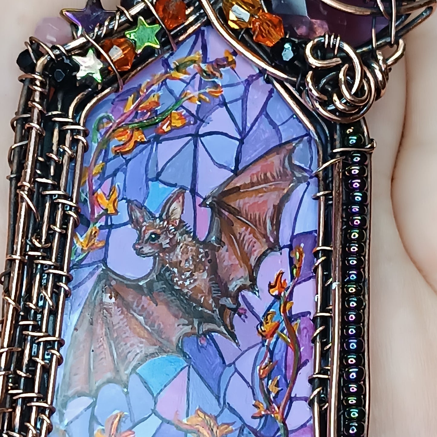 Medieval window necklace. Raven and Bat.