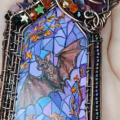 Medieval window necklace. Raven and Bat.