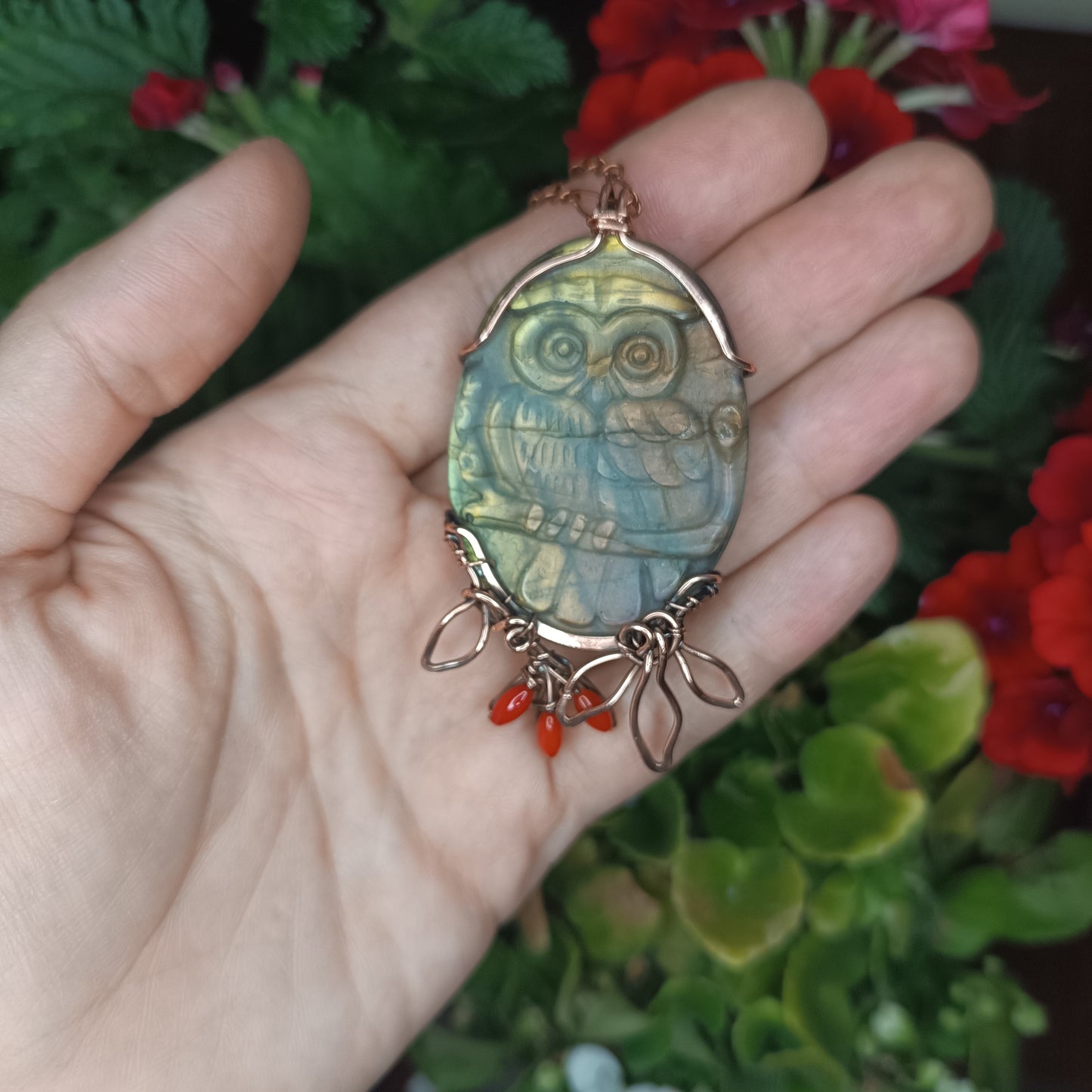 Owl sitting on a dogwood branch. Pendant.