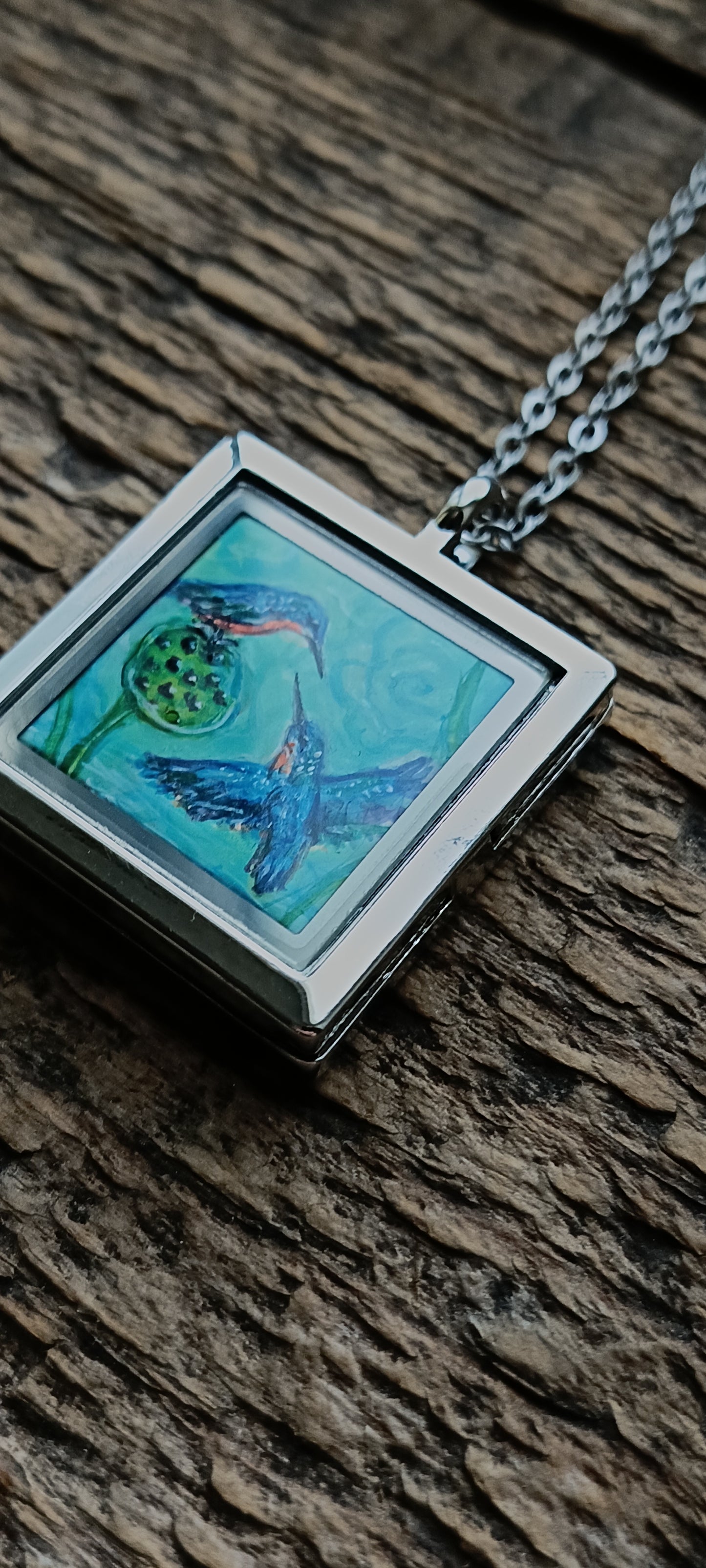 Kingfishers on lotus. Hand painted necklace.
