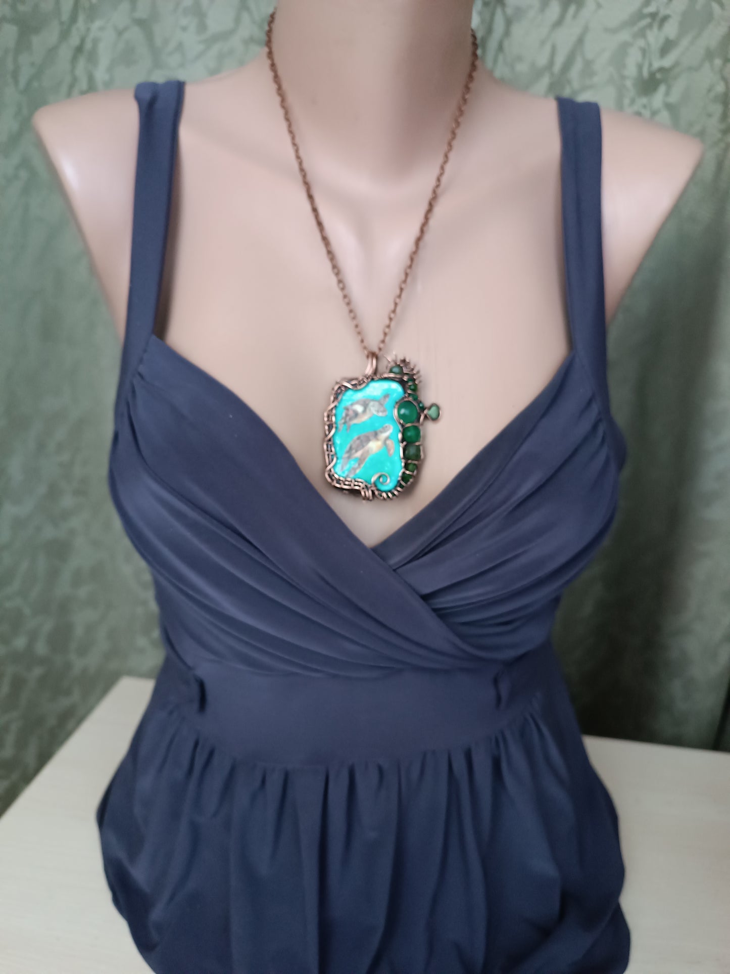 Aquatic adventure 🐢🦦 Hand painted wire wrapped necklace. 2 sided.