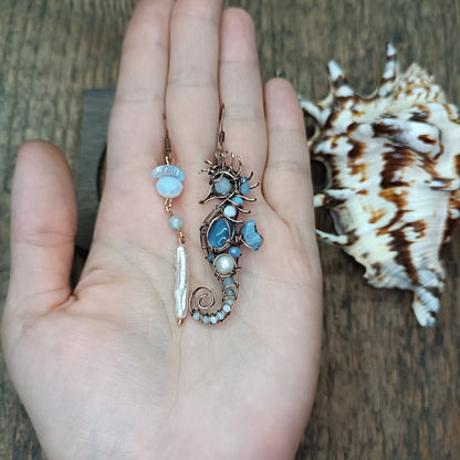 Blue and white seahorse earrings