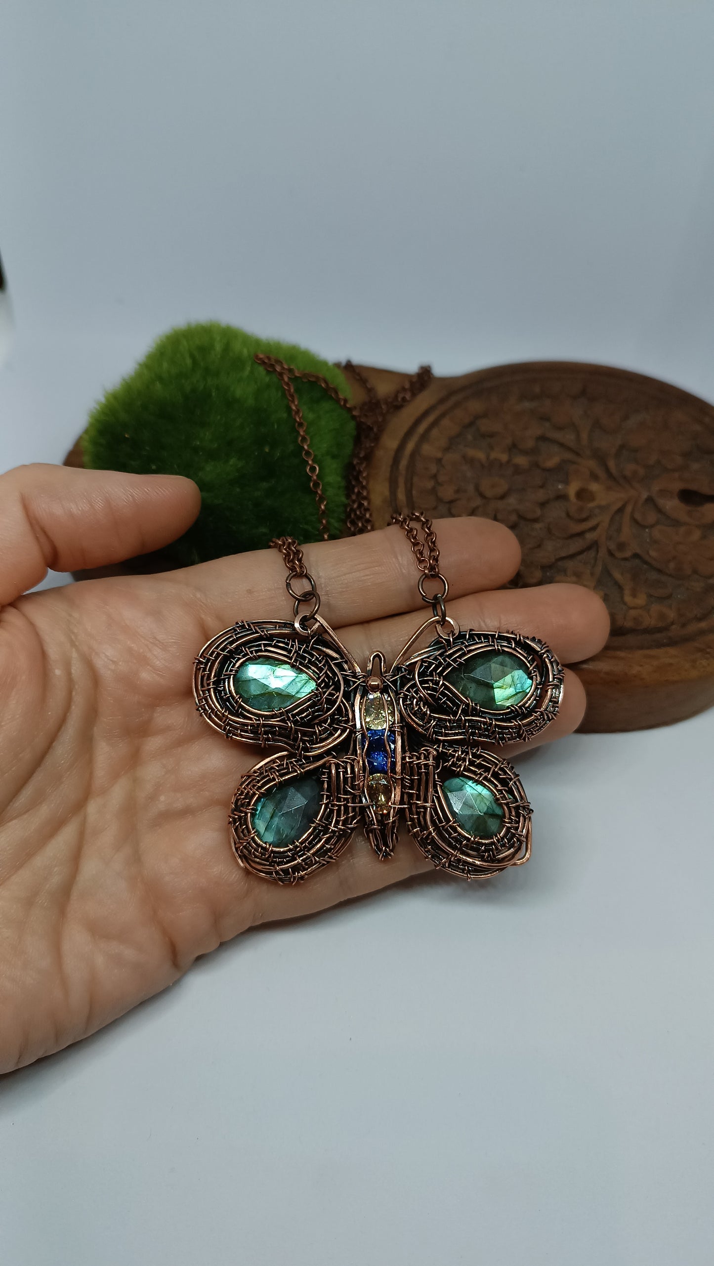 Copper wire wrapped butterfly necklace with faceted labradorites