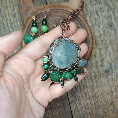 Ginkgo and rose necklace and earrings