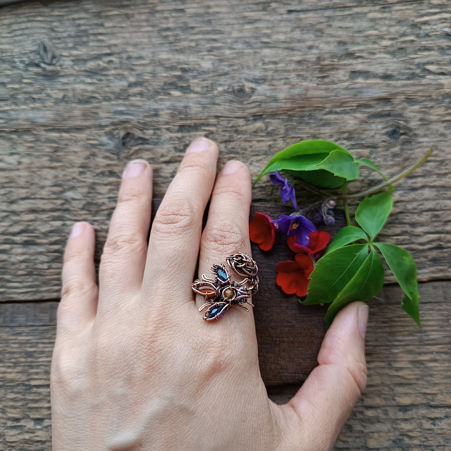 Blue wings Bee RING. Adjustable.