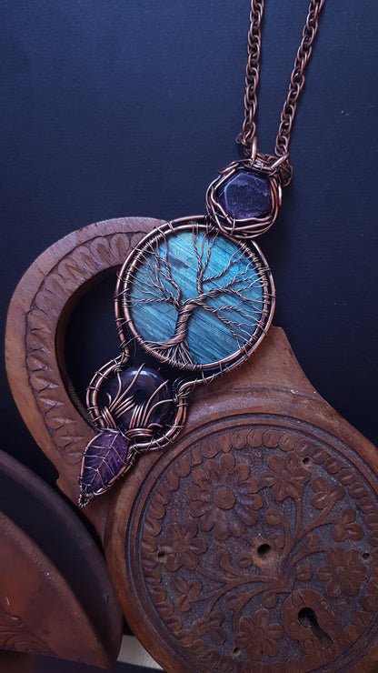 Blue tree of life. Statement copper wire wrapped necklace