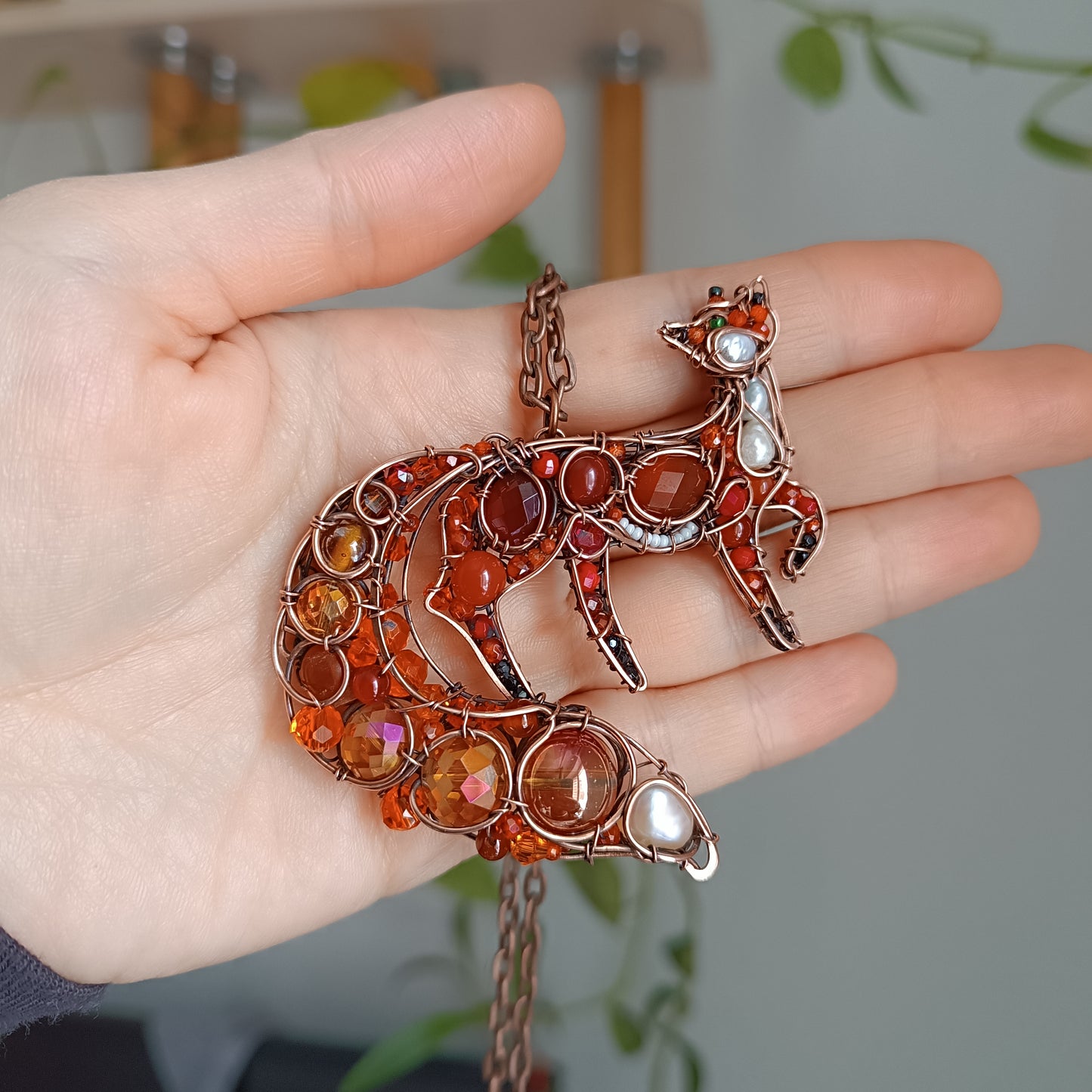 Swoopy tail Foxy. Sparkly wire wrapped pendant.