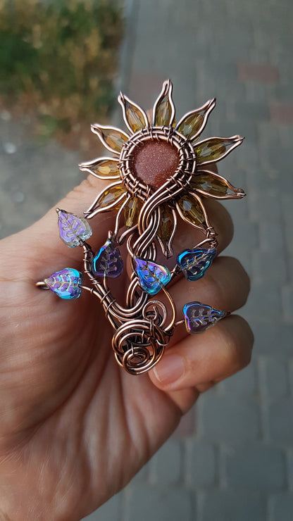 Sunflower pendant with blue leaves