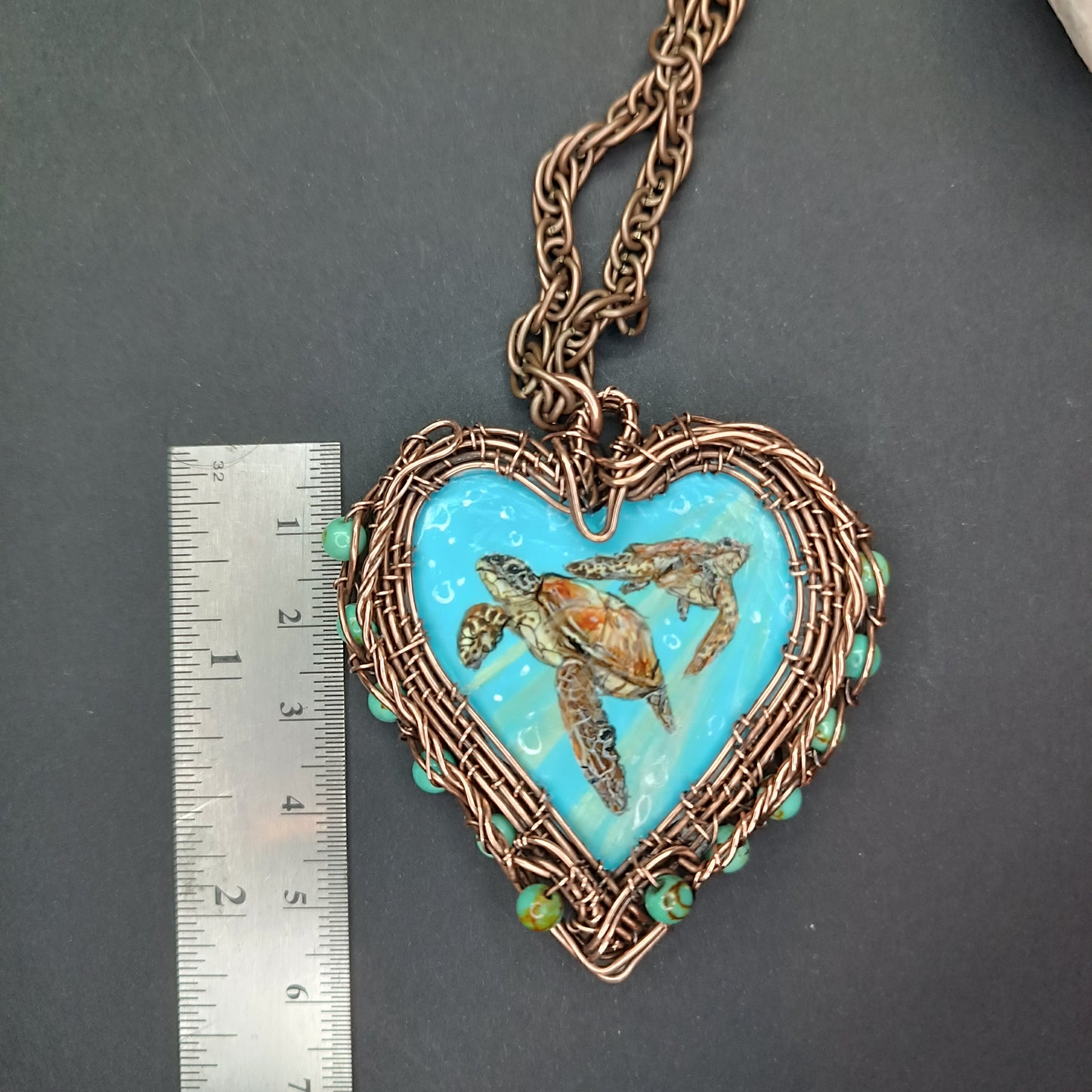 Heart of the ocean. Wire wrapped hand painted necklace. Reversible.