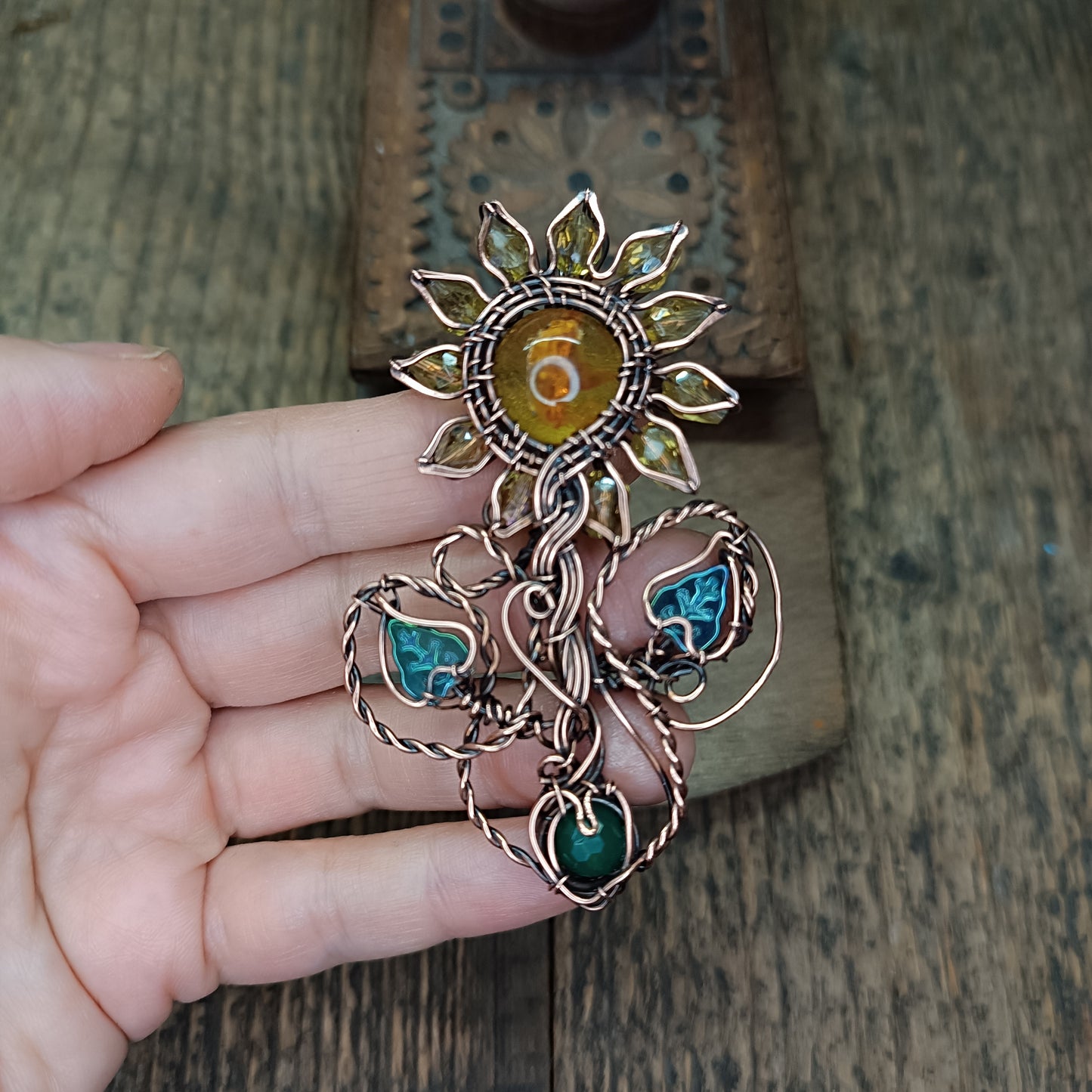 Sunflower pendant with chrysoprase root.