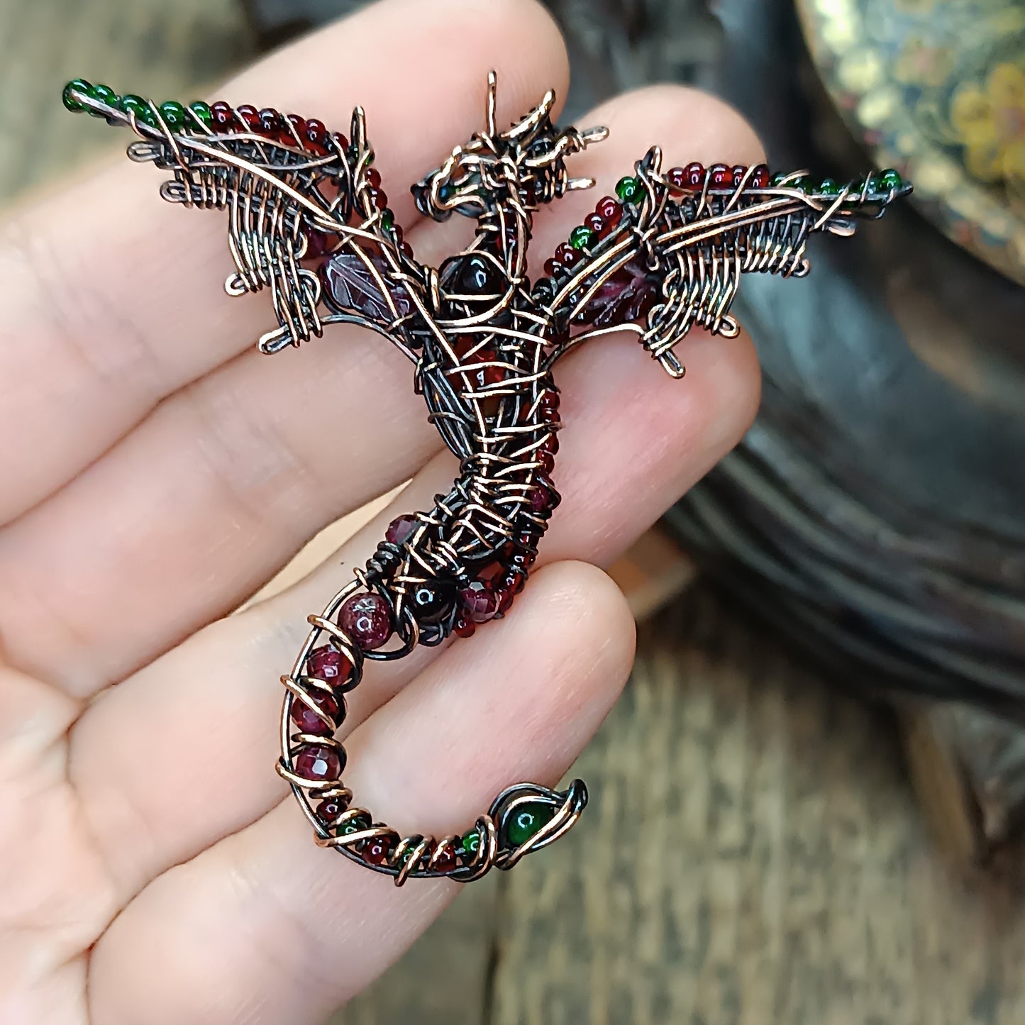 Little green and red dragon pendant