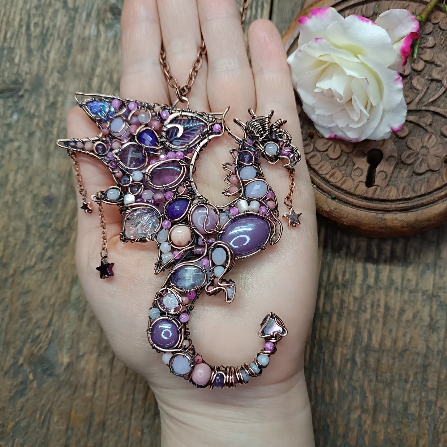 Pink and lavender Stars Catcher. Wire wrapped dragon necklace.