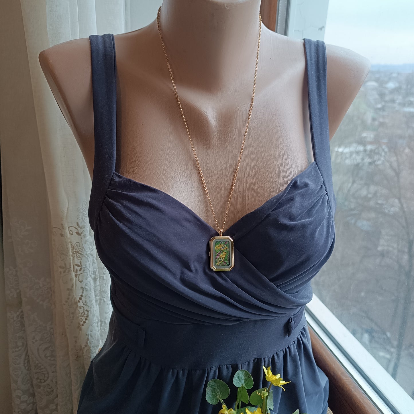 Yellow birds. Hand painted two sided pendant.