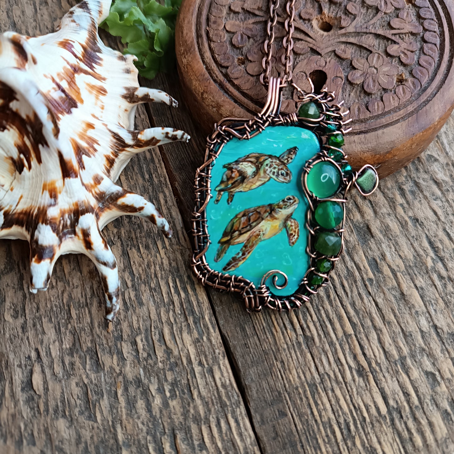 Aquatic adventure 🐢🦦 Hand painted wire wrapped necklace. 2 sided.