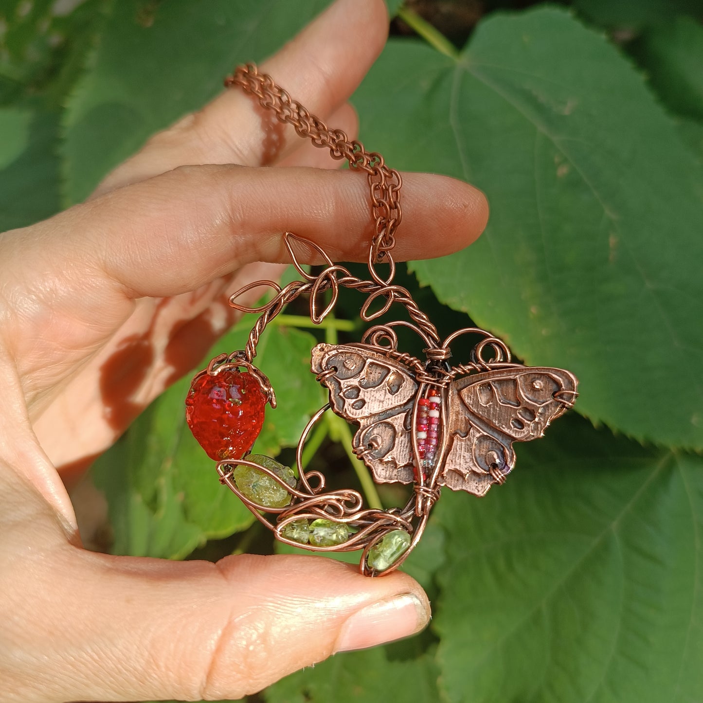 Life circle. Summer strawberry butterfly nebula necklace