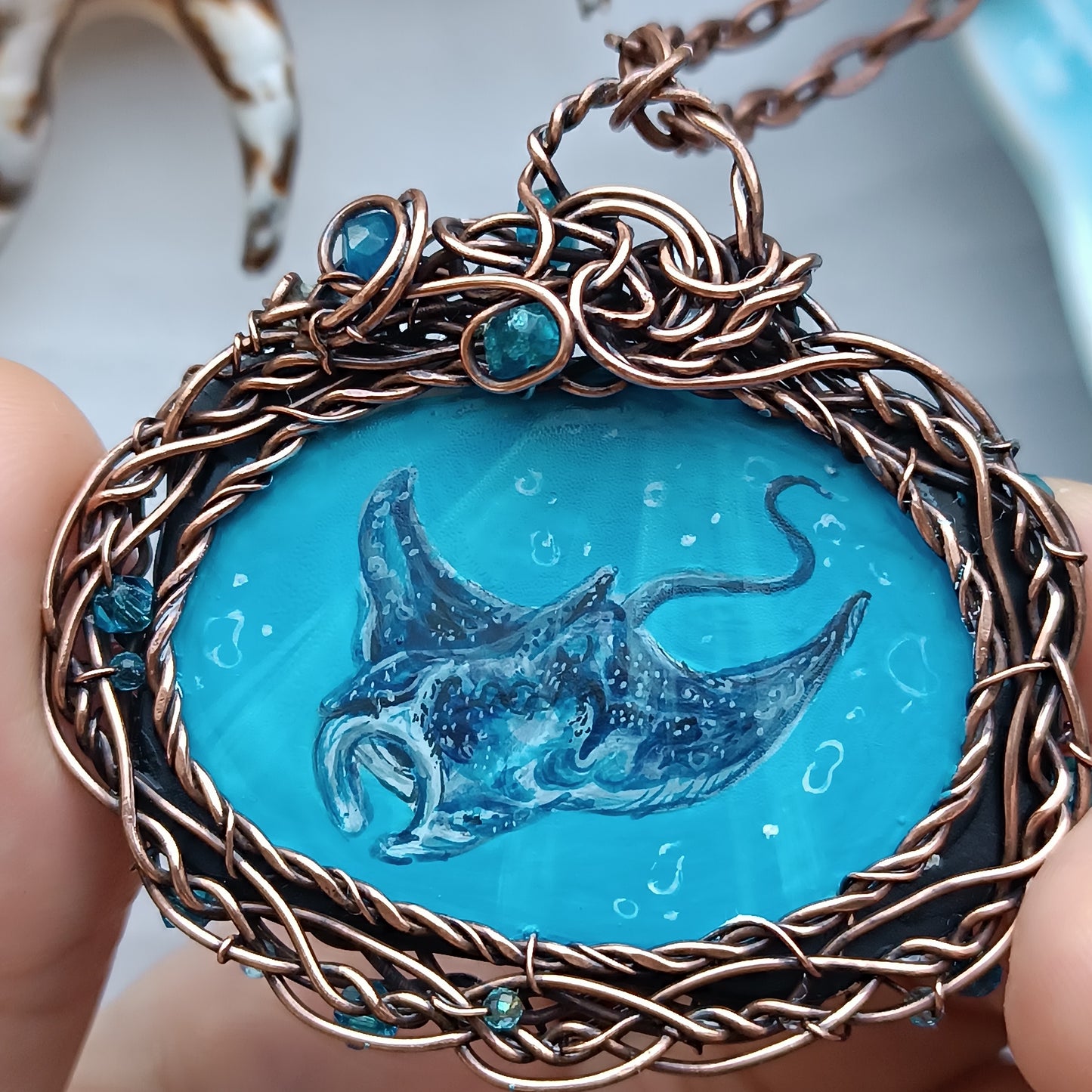 "Unforgettable diving". Wire wrapped and hand painted necklace.