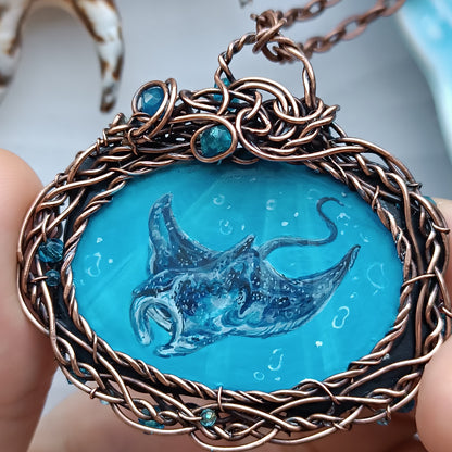 "Unforgettable diving". Wire wrapped and hand painted necklace.
