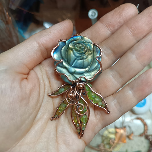 Labradorite rose with chrysolite leaves. Pendant