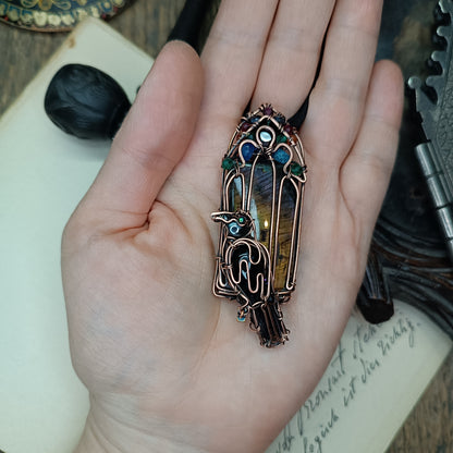 Raven on the stained glass window necklace