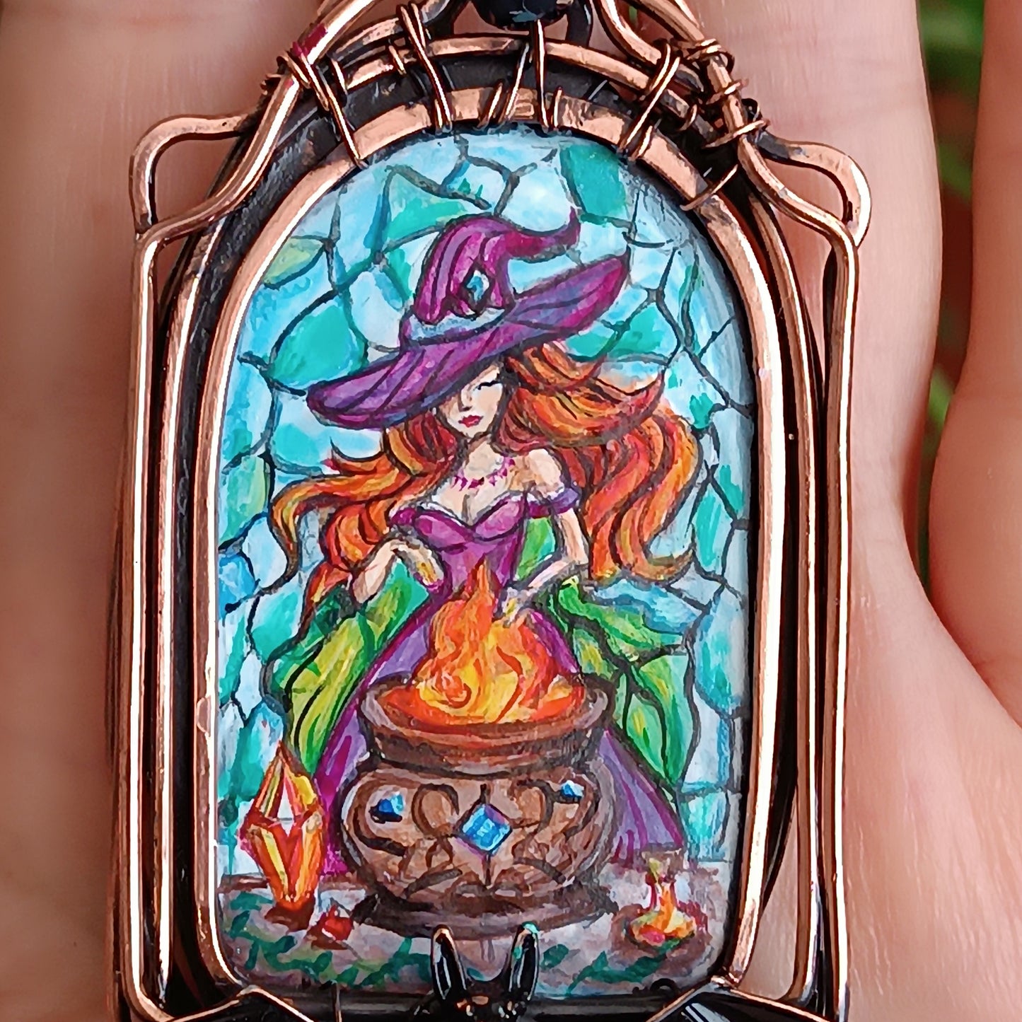 Witchcraft amulet. Hand painted miniature on copper.