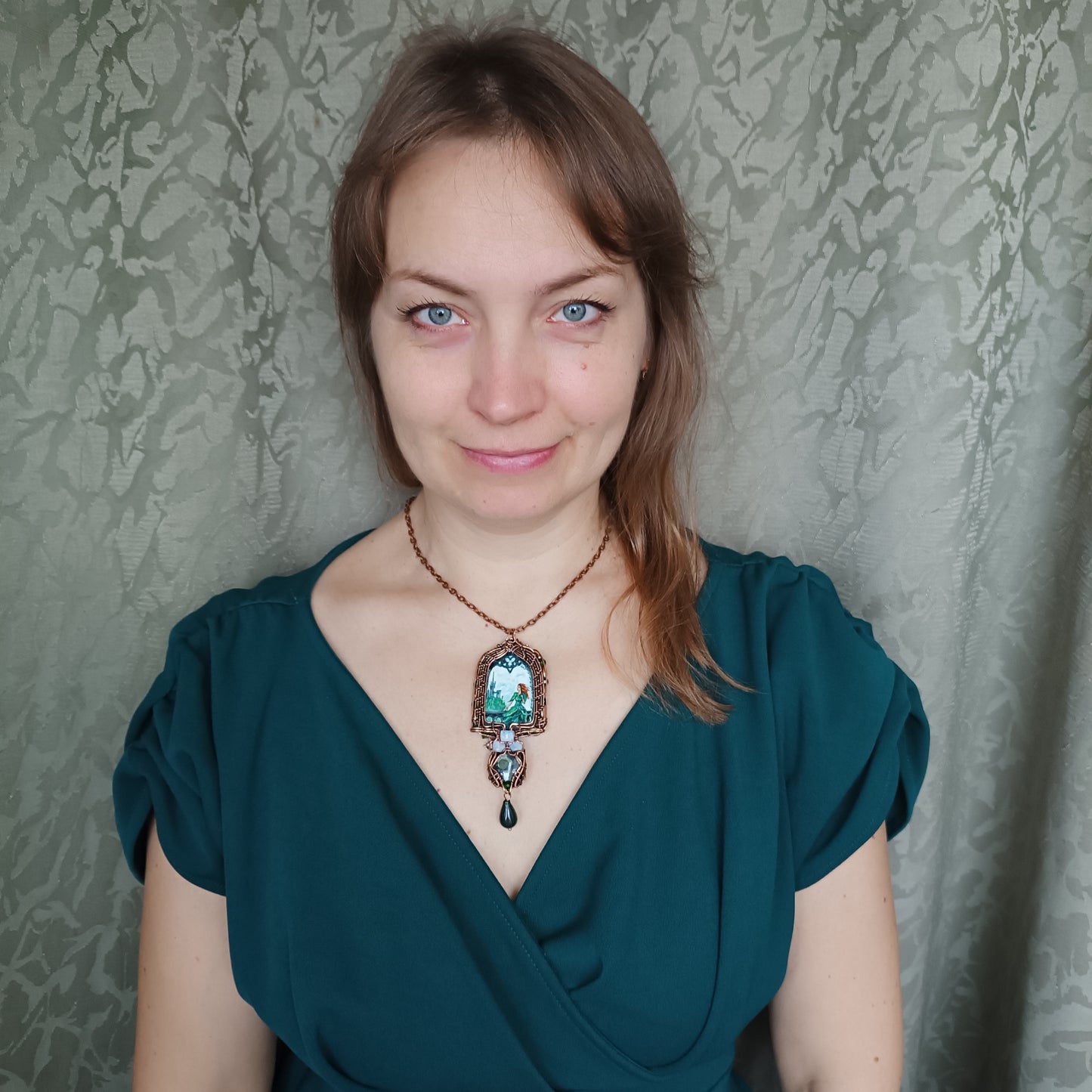 The ballad of white unicorn and princess. Wire wrapped necklace with miniature paintings.