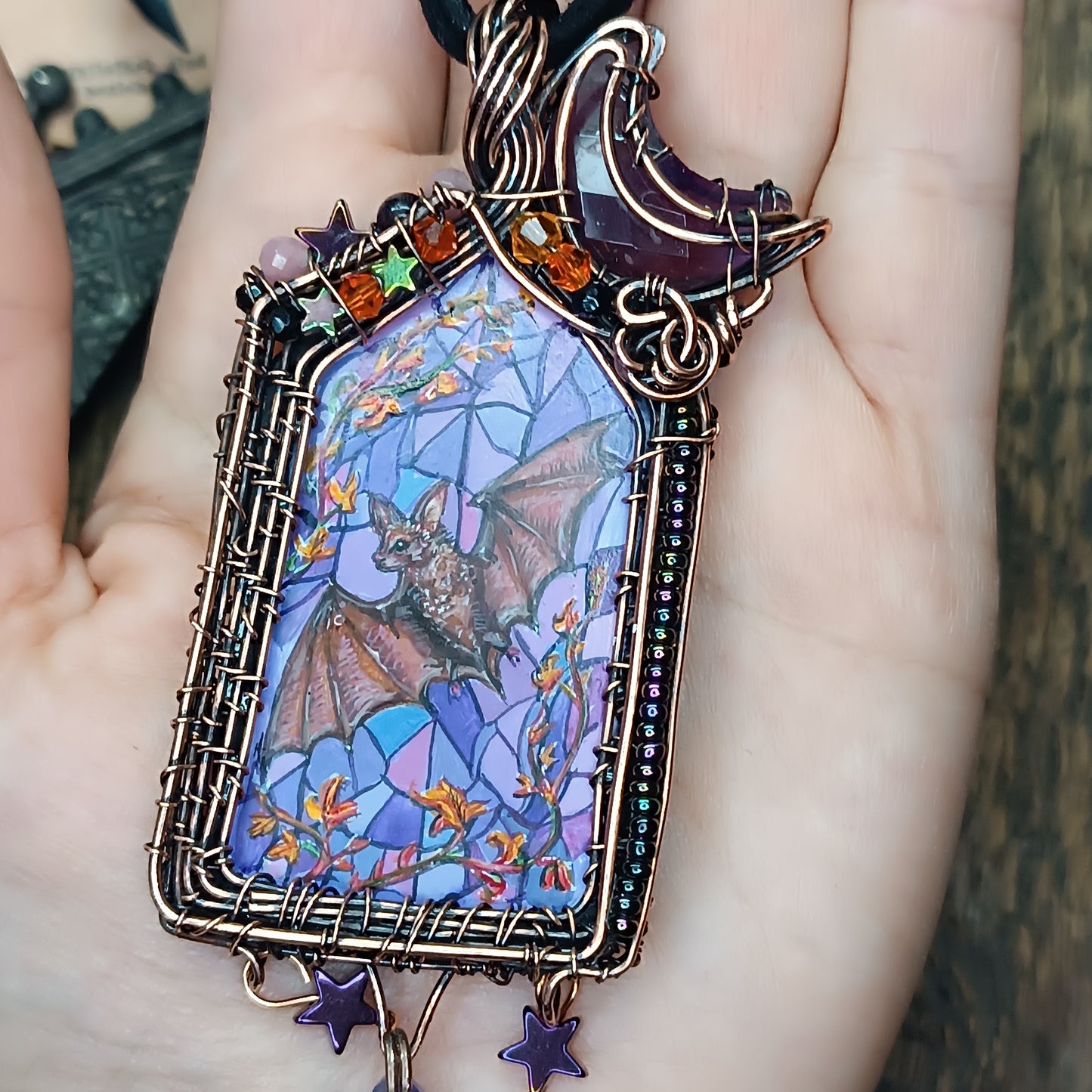 Medieval window necklace. Raven and Bat.